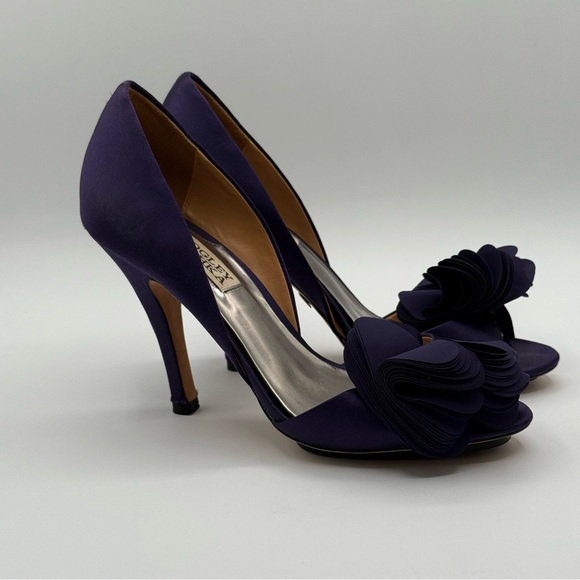 Badgley Mischka Randall D’Orsay Satin Dark Purple Heels With Layered Bow - Picture 14 of 16